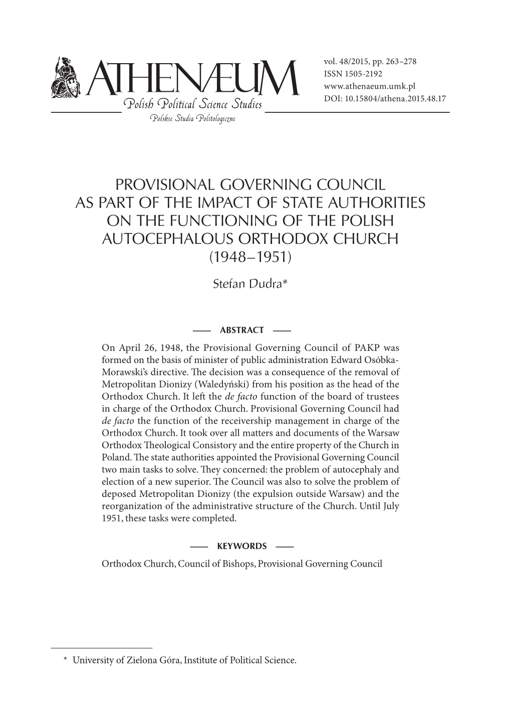 Provisional Governing Council As Part of the Impact of State Authorities on the Functioning of the Polish Autocephalous Orthodox Church (1948 – 1951)