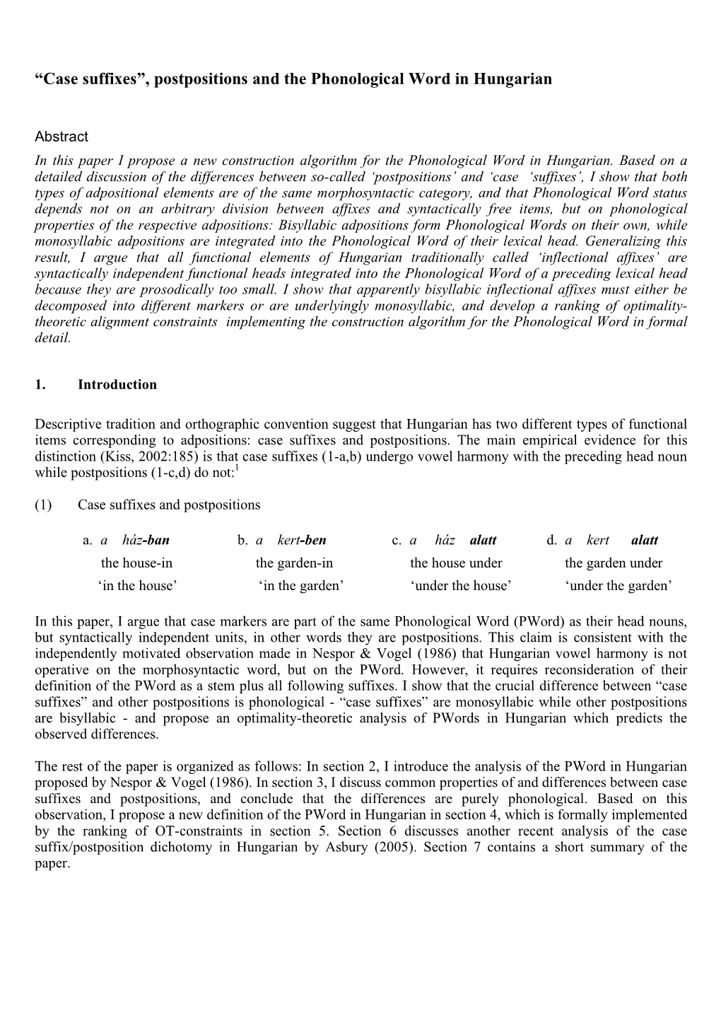 “Case Suffixes”, Postpositions and the Phonological Word in Hungarian