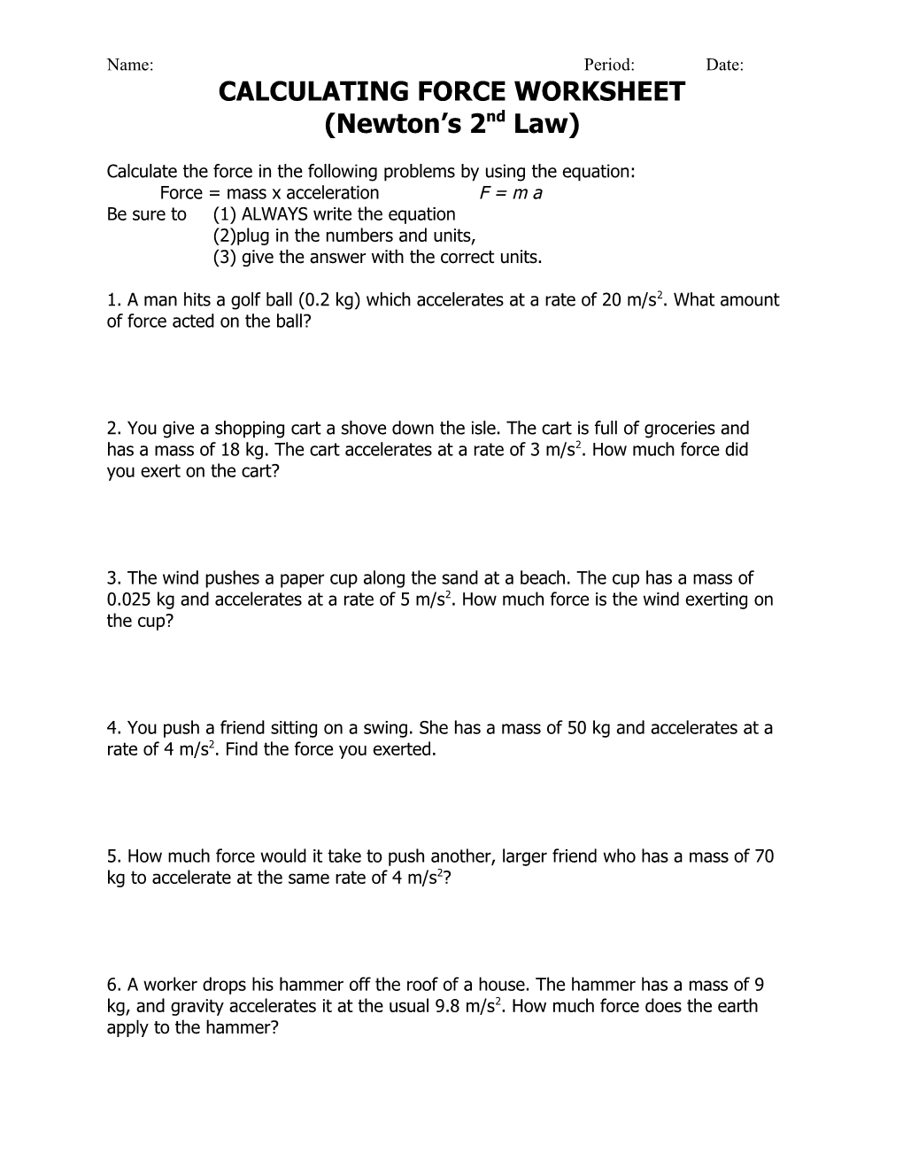 Calculating Force Worksheet