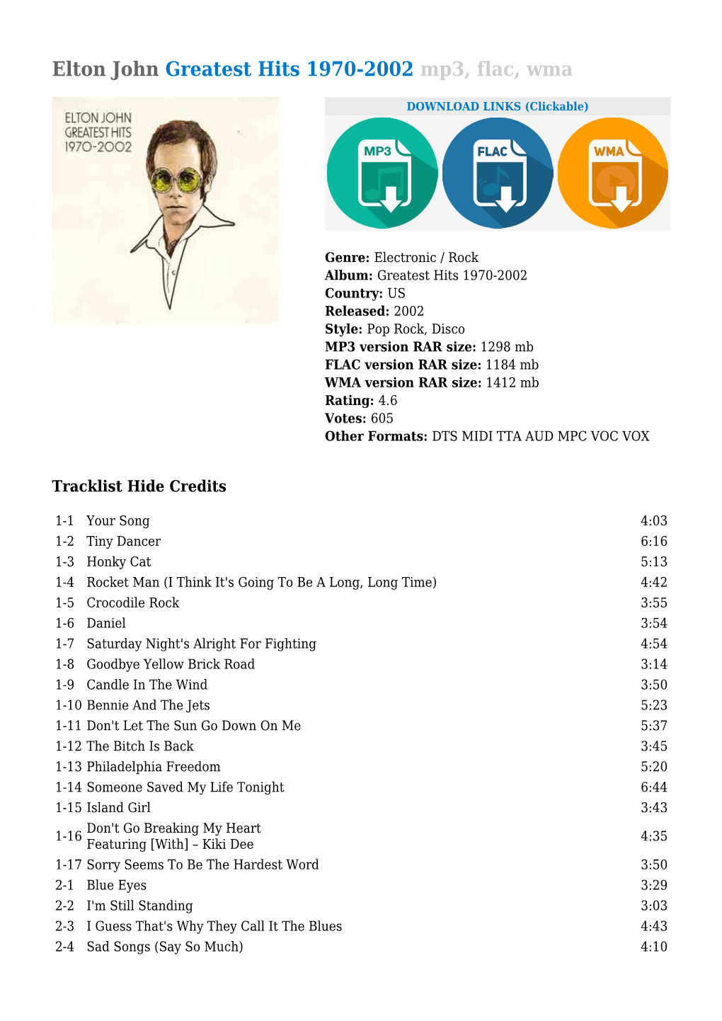 Elton John Greatest Hits 1970-2002 Mp3, Flac, Wma