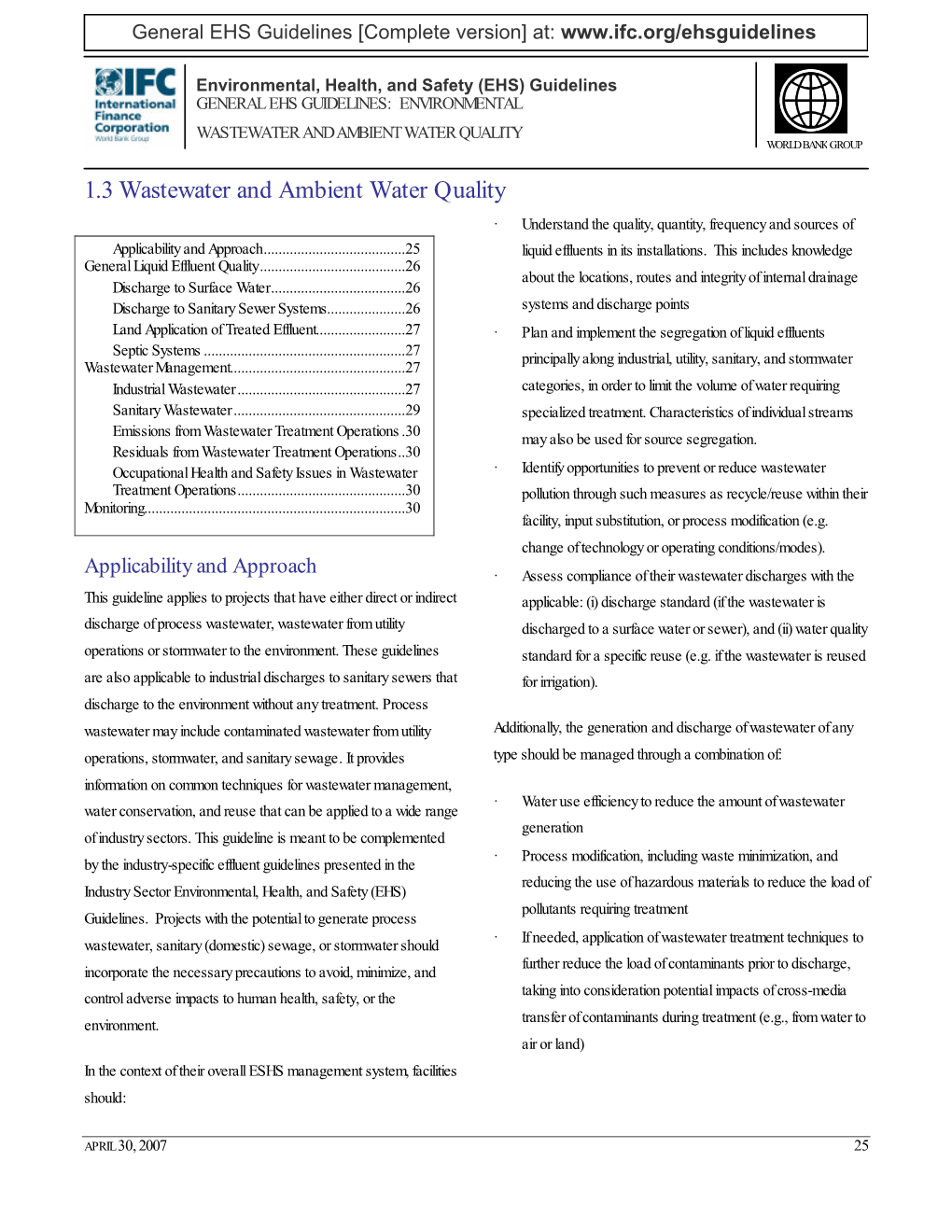 1.3 Wastewater and Ambient Water Quality · Understand the Quality, Quantity, Frequency and Sources of Applicability and Approach