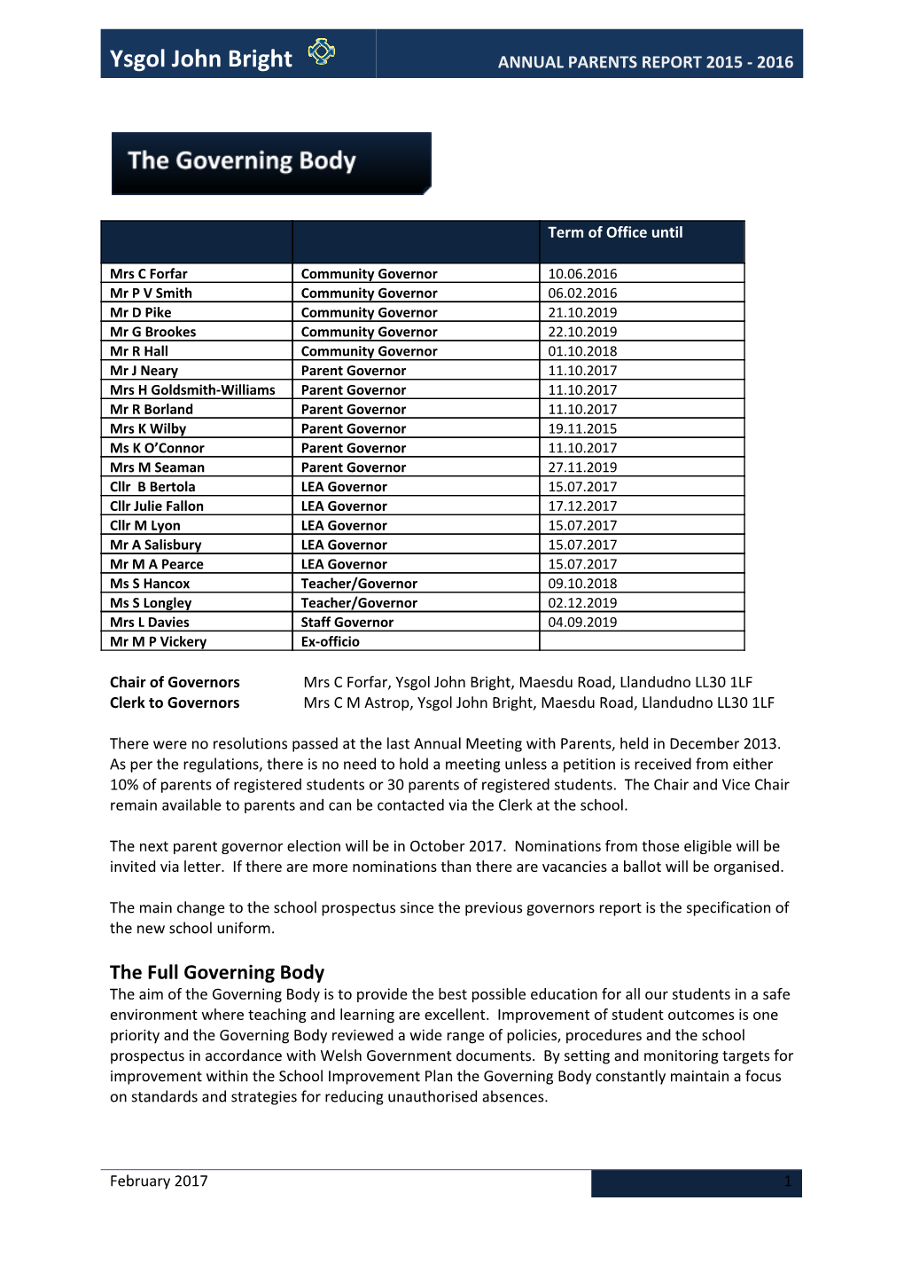 Ysgol John Bright ANNUAL PARENTS REPORT 2015 - 2016