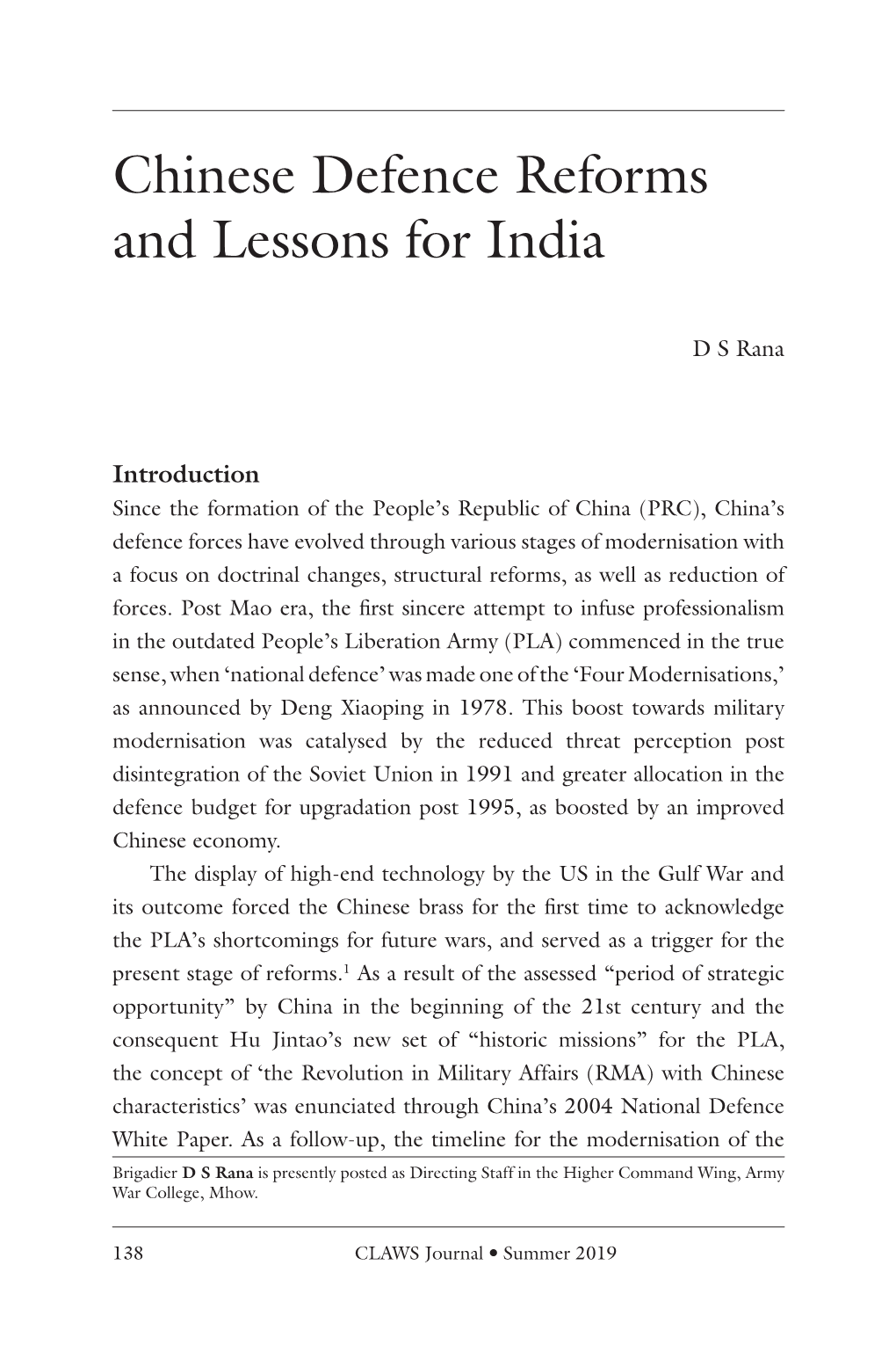 Chinese Defence Reforms and Lessons for India