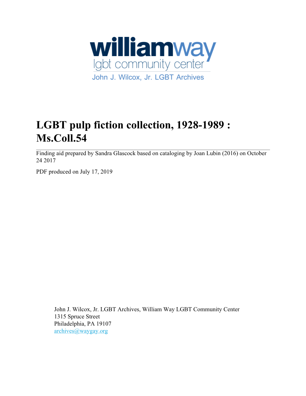 LGBT Pulp Fiction Collection, 1928-1989 : Ms.Coll.54