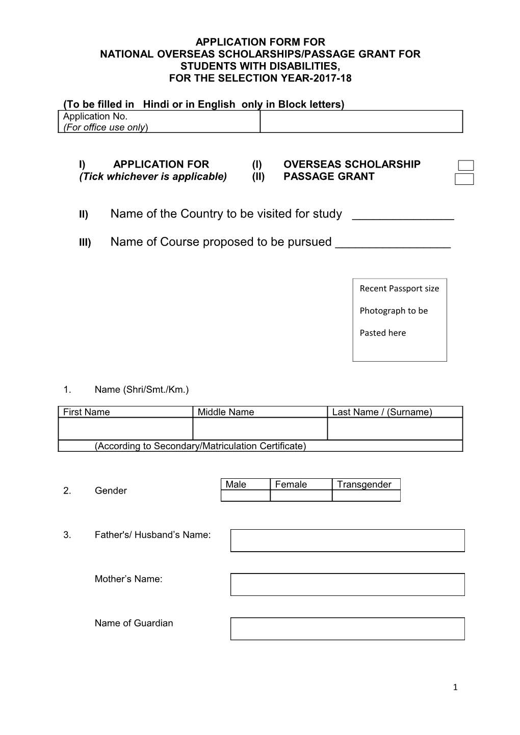 National Overseas Scholarships/Passage Grant For s1