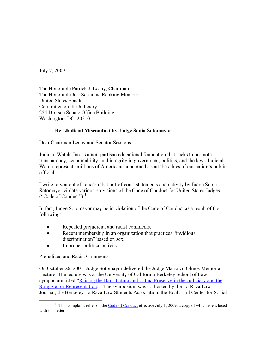 July 7, 2009 the Honorable Patrick J. Leahy