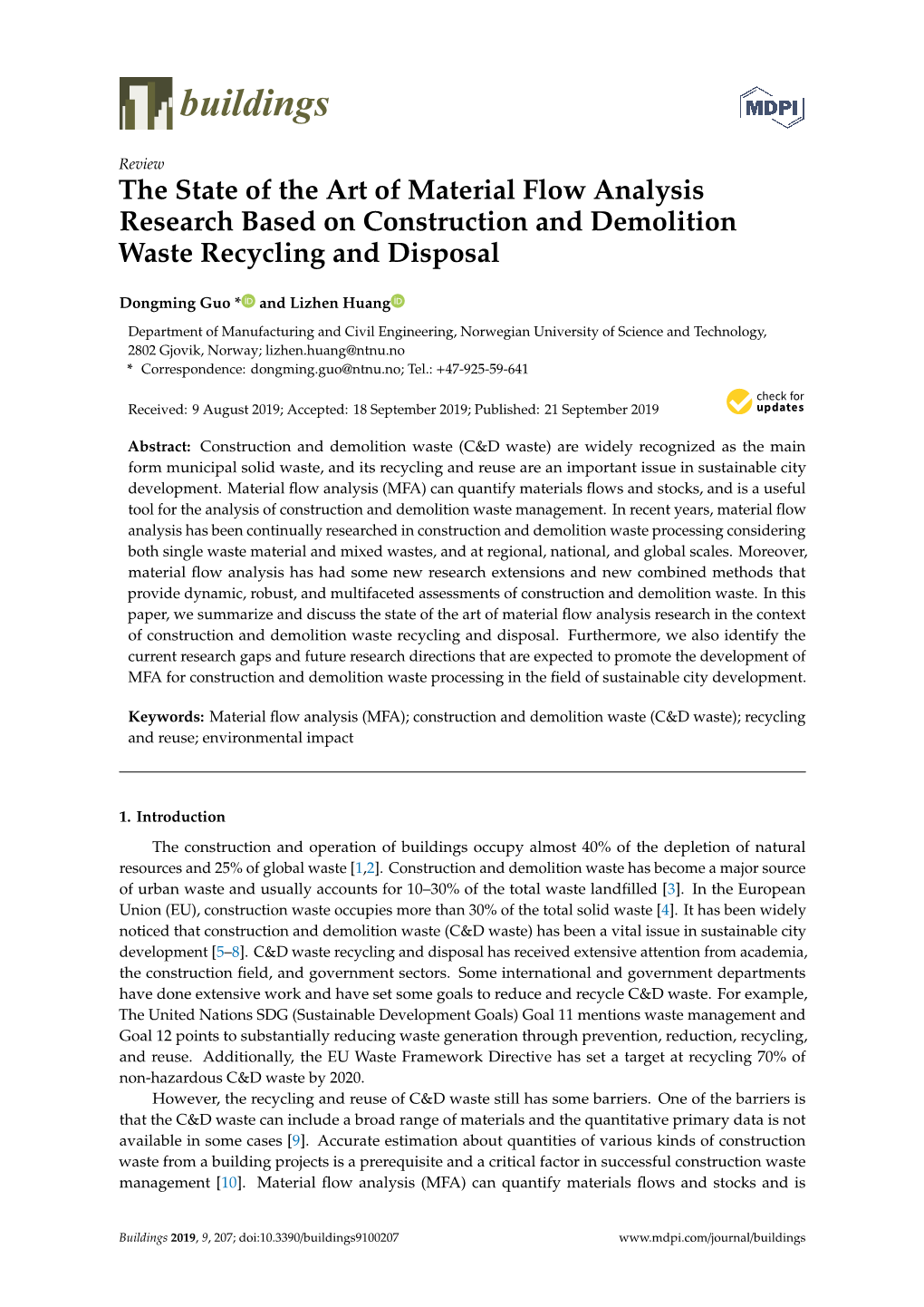 The State of the Art of Material Flow Analysis Research Based on Construction and Demolition Waste Recycling and Disposal