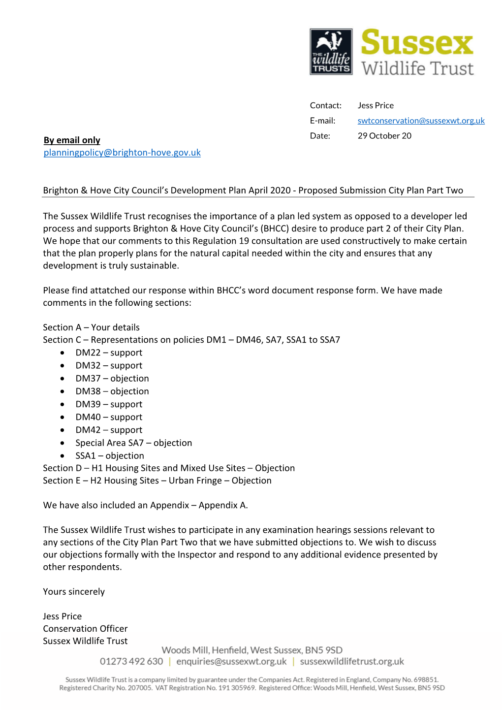 FINAL Sussex Wildlife Trust Response to City Plan Part Two Reg 19 Oct2020