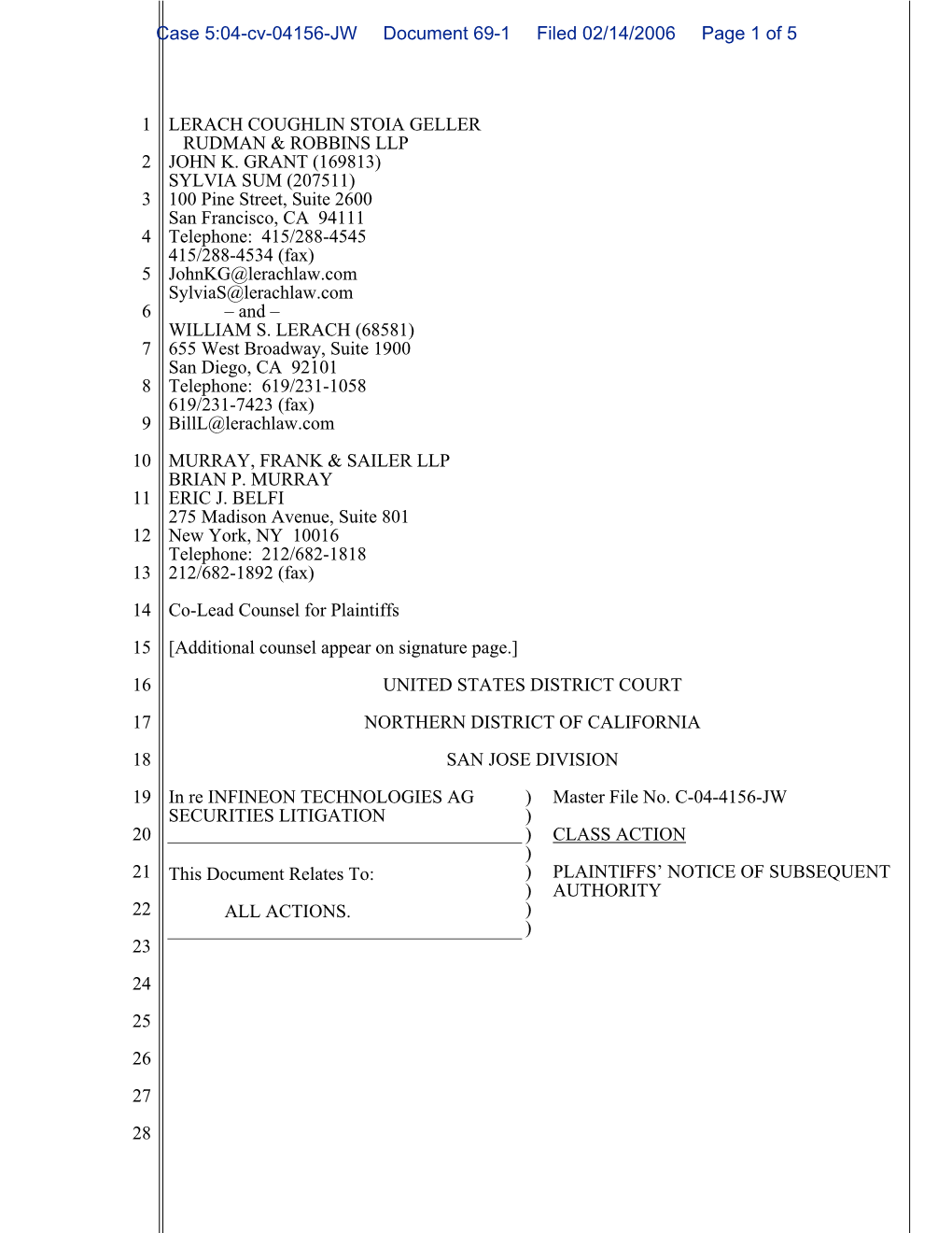 Infineon Technologies AG Securities Litigation 04-CV-04156-Plaintiffs