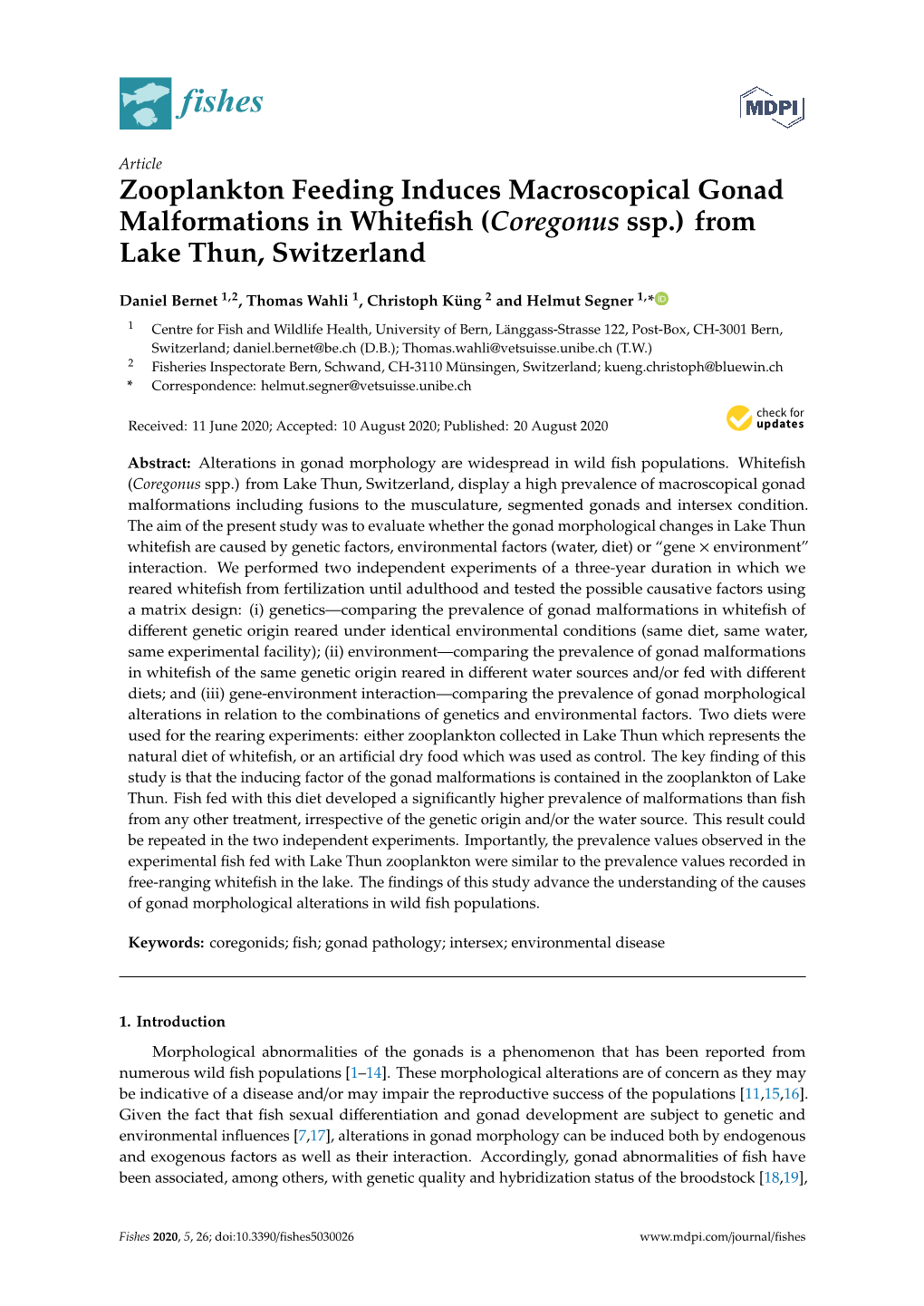 Zooplankton Feeding Induces Macroscopical Gonad Malformations in Whitefish (Coregonus Ssp.) from Lake Thun, Switzerland