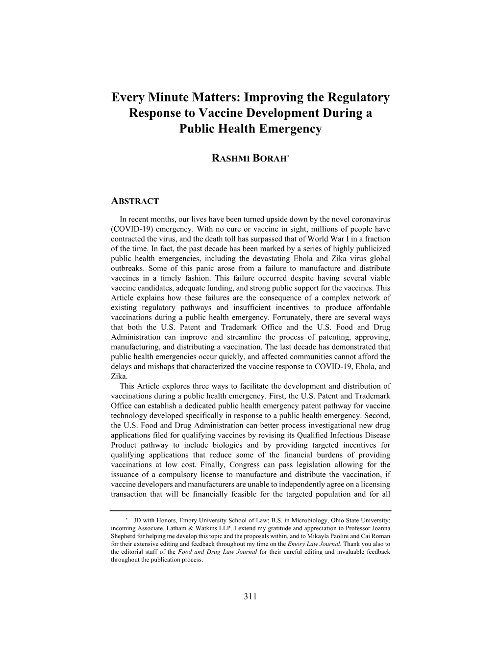 Improving the Regulatory Response to Vaccine Development During a Public Health Emergency