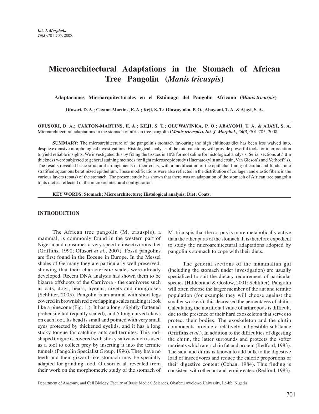 Microarchitectural Adaptations in the Stomach of African Tree Pangolin (Manis Tricuspis)