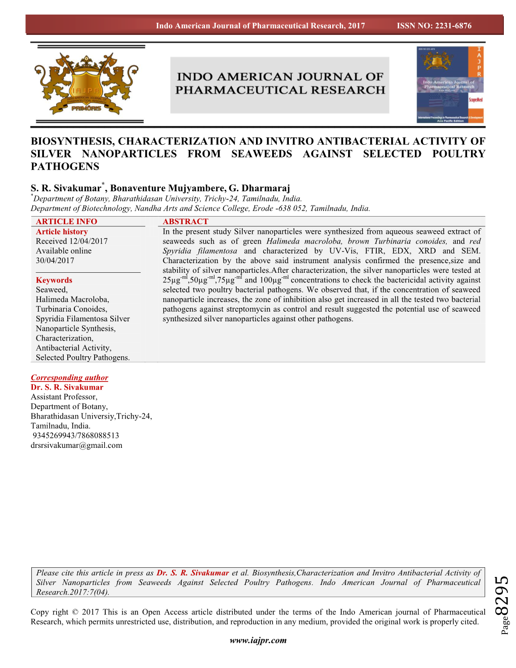 Biosynthesis, Characterization and Invitro Antibacterial Activity of Silver Nanoparticles from Seaweeds Against Selected Poultry Pathogens