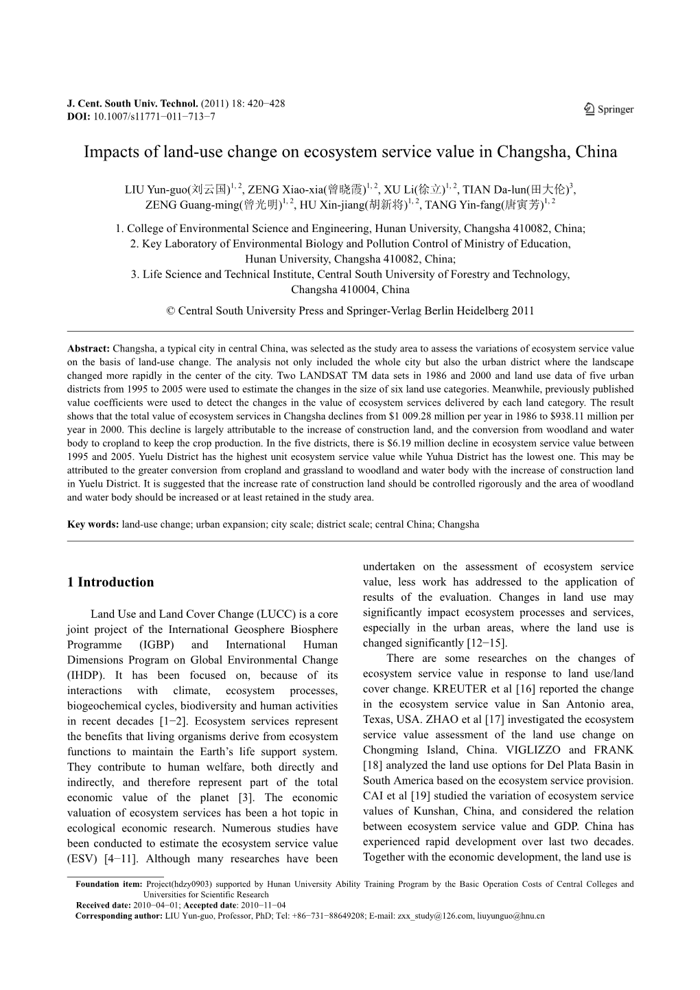 Impacts of Land-Use Change on Ecosystem Service Value in Changsha, China