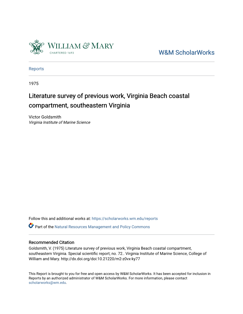 Literature Survey of Previous Work, Virginia Beach Coastal Compartment, Southeastern Virginia