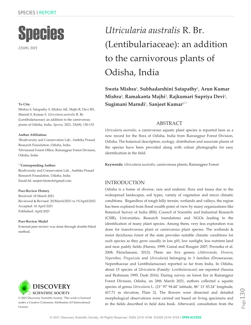 Utricularia Australis R. Br. (Lentibulariaceae): an Addition to the Carnivorous Plants of Odisha, India