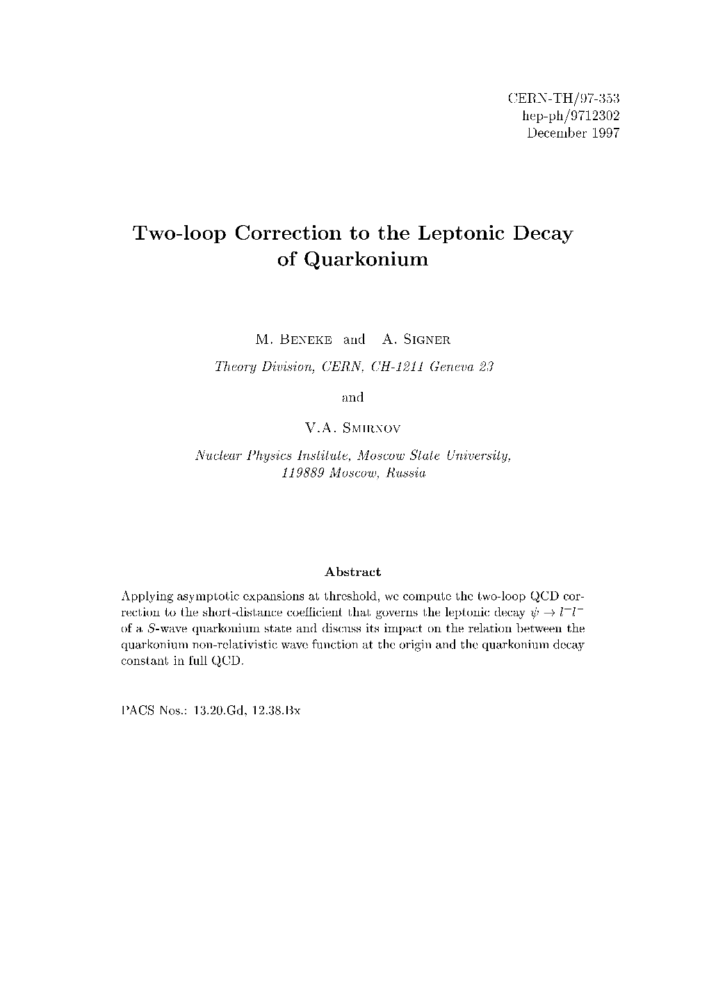 Two-Loop Correction to the Leptonic Decay of Quarkonium