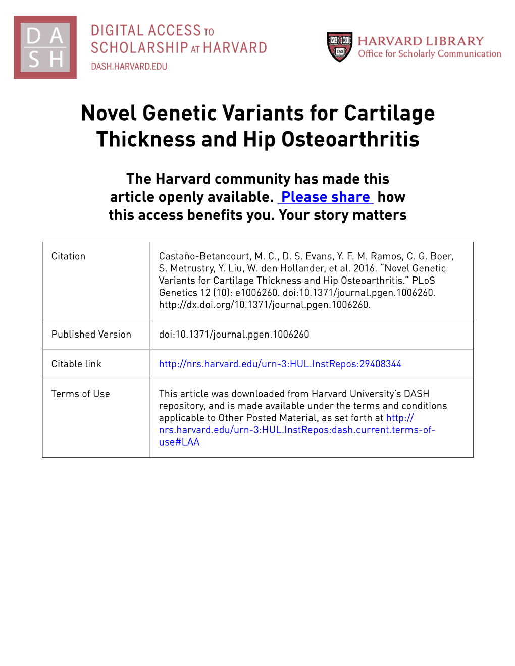 Novel Genetic Variants for Cartilage Thickness and Hip Osteoarthritis