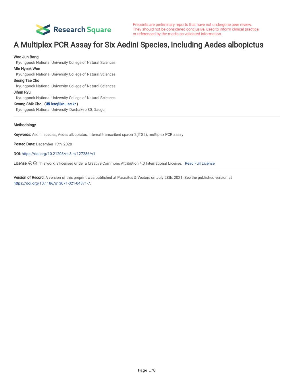 A Multiplex PCR Assay for Six Aedini Species, Including Aedes Albopictus