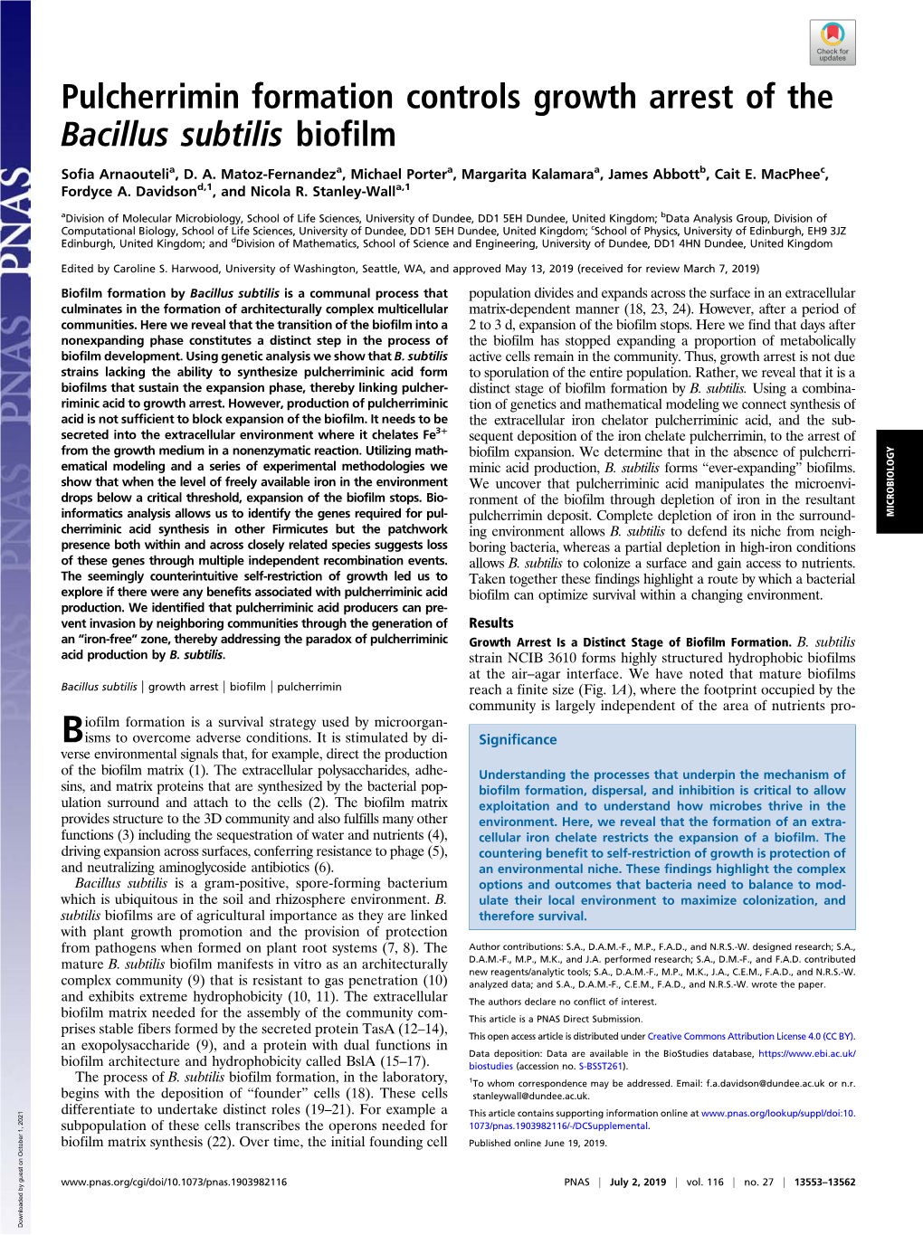 Pulcherrimin Formation Controls Growth Arrest of the Bacillus Subtilis Biofilm