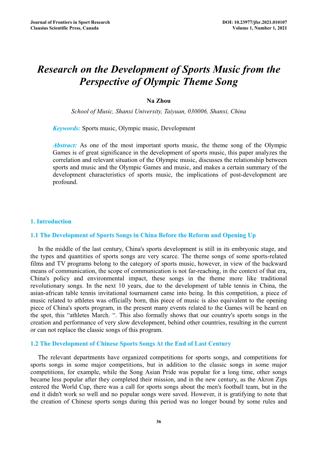 Research on the Development of Sports Music from the Perspective of Olympic Theme Song