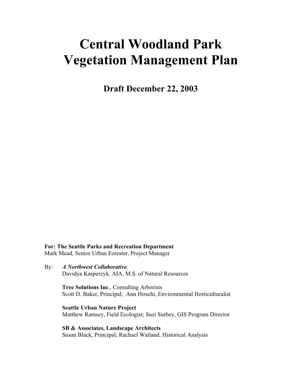 Central Woodland Park Vegetation Management Plan