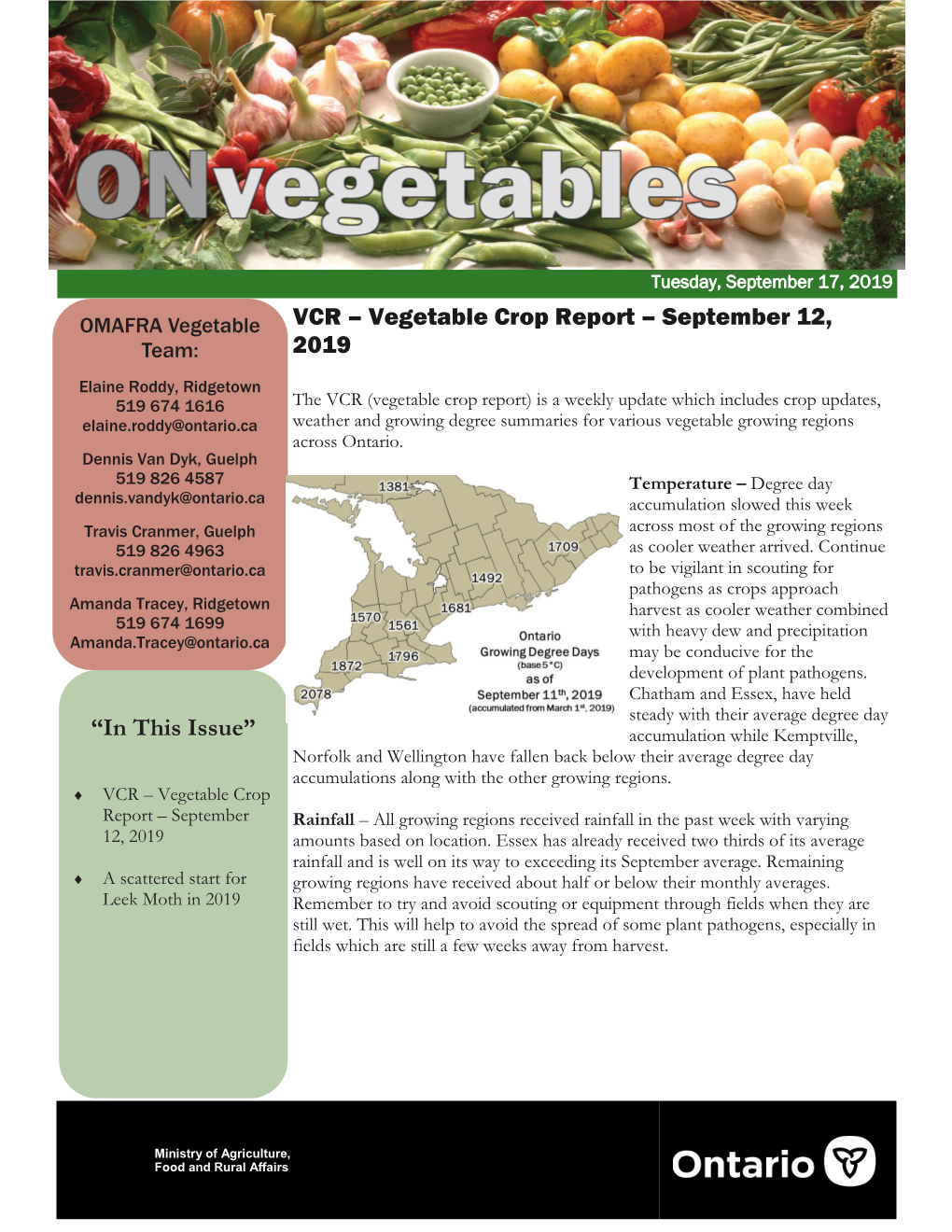 Vegetable Crop Report – September 12, Team: 2019