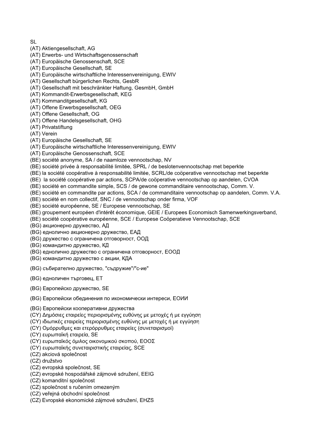 SL (AT) Aktiengesellschaft, AG (AT) Erwerbs- Und Wirtschaftsgenossenschaft (AT) Europäische Genossenschaft, SCE (AT) Europäisc