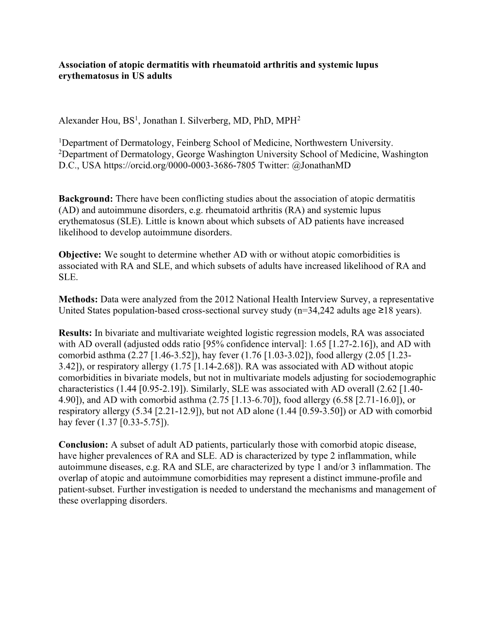 Association of Atopic Dermatitis with Rheumatoid Arthritis and Systemic Lupus Erythematosus in US Adults