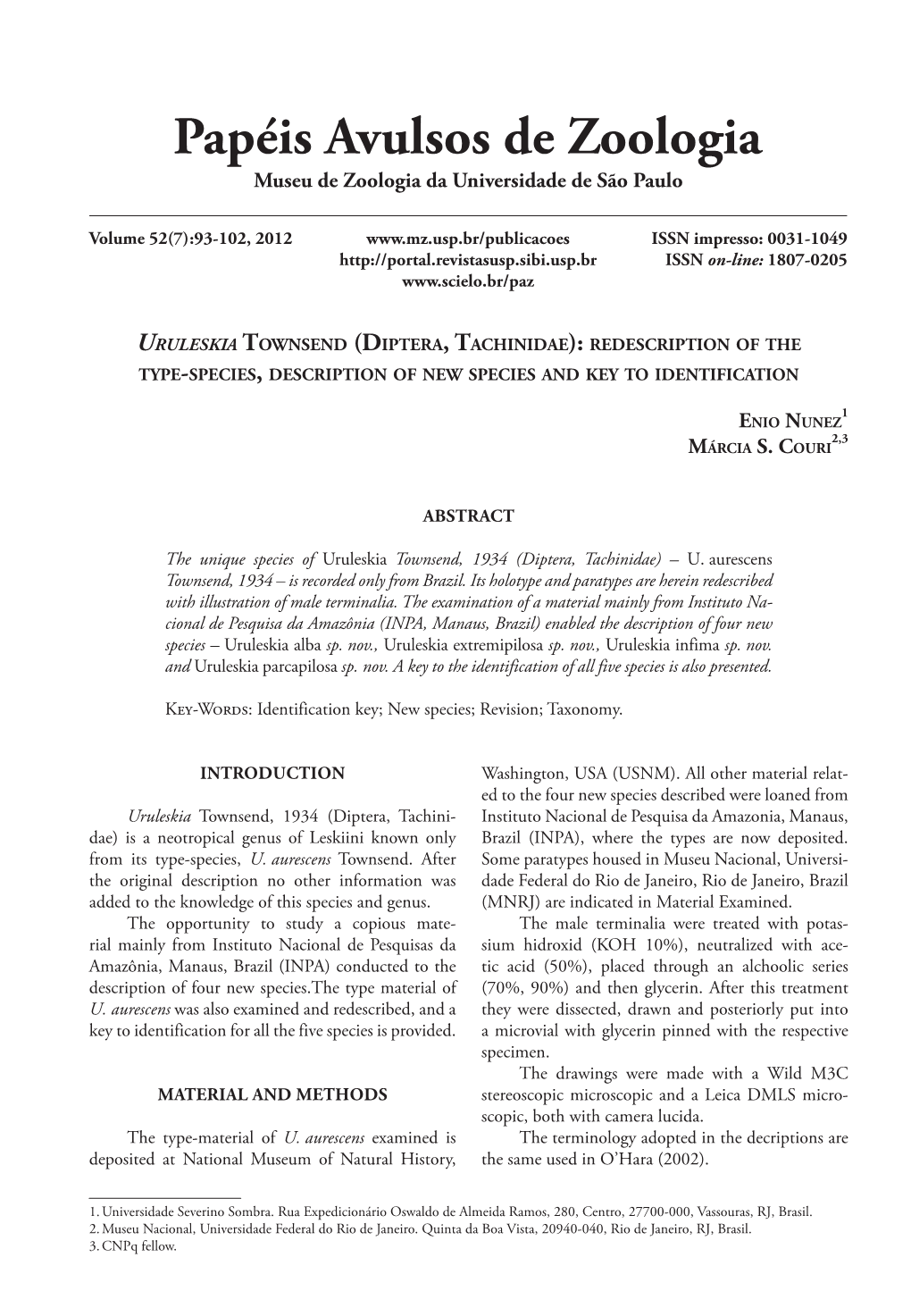 Uruleskia Townsend (Diptera, Tachinidae): Redescription of the Type-Species, Description of New Species and Key to Identification