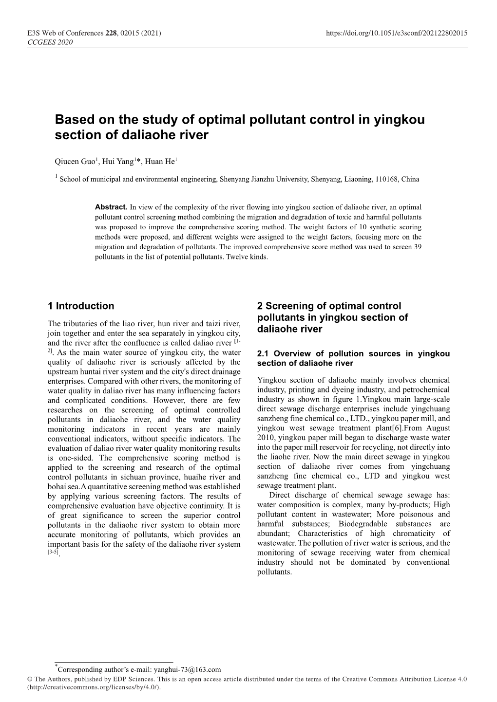 Based on the Study of Optimal Pollutant Control in Yingkou Section of Daliaohe River