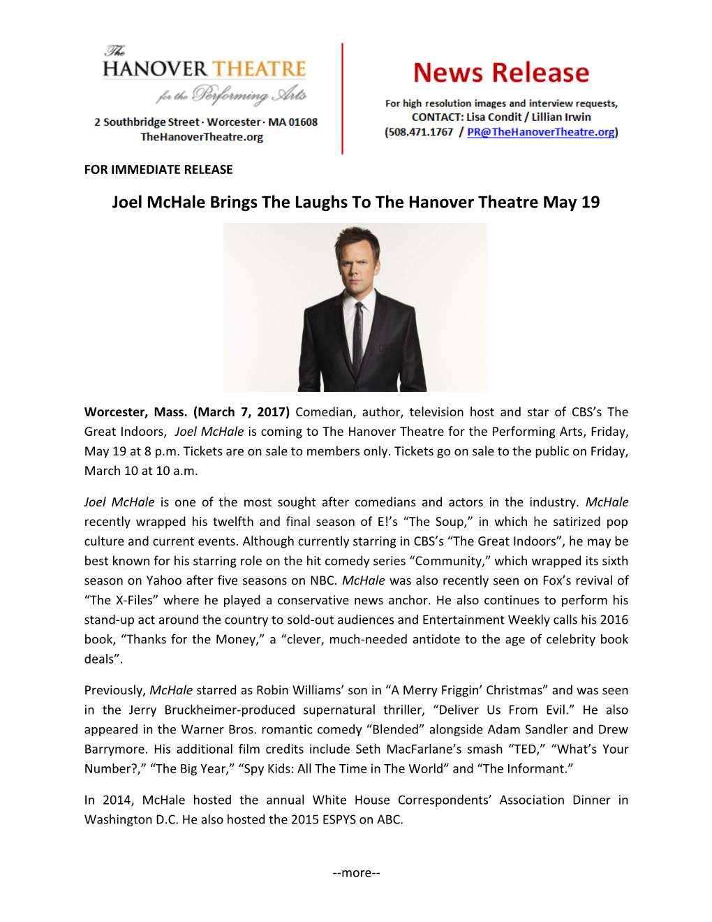 Joel Mchale Brings the Laughs to the Hanover Theatre May 19