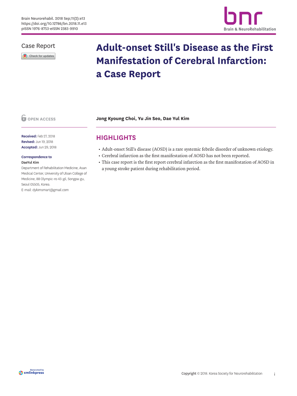 Adult-Onset Still's Disease As the First Manifestation of Cerebral Infarction: a Case Report