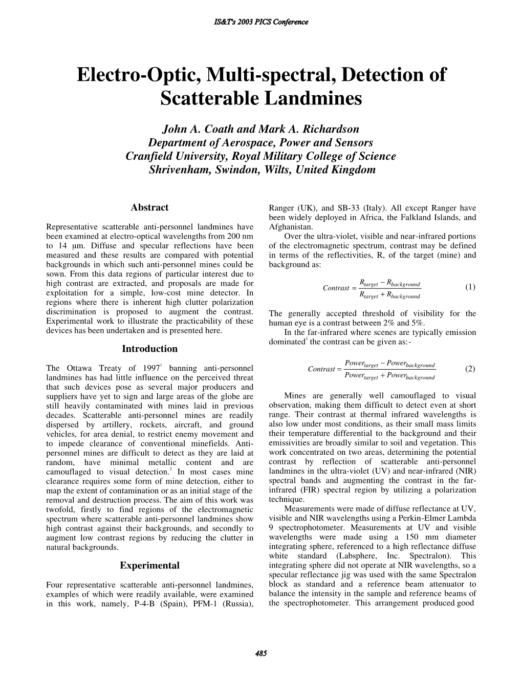 Electro-Optic, Multi-Spectral, Detection of Scatterable Landmines