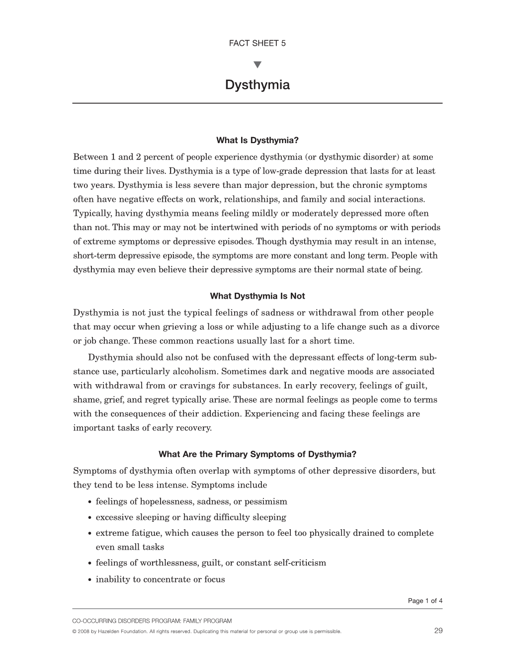 Fact Sheet About Dysthymia