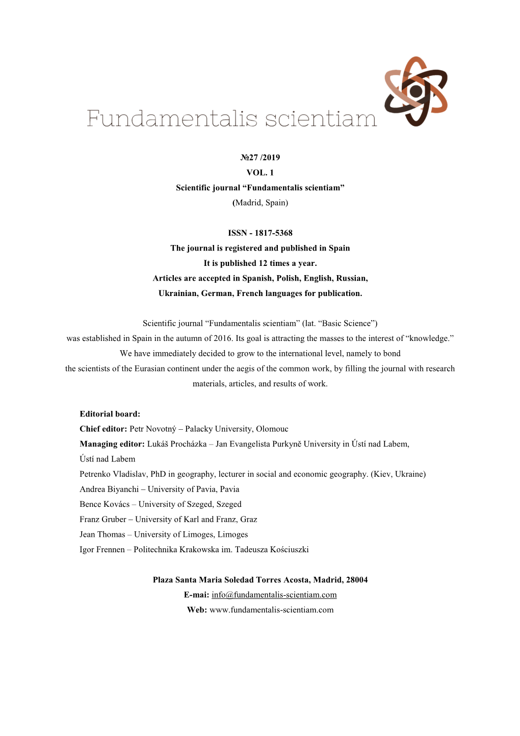 №27 /2019 VOL. 1 Scientific Journal “Fundamentalis Scientiam” (Madrid, Spain)