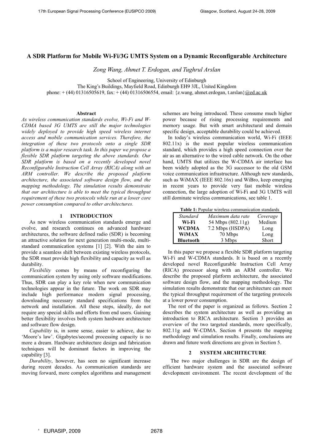 A SDR Platform for Mobile Wi-Fi/3G UMTS System on a Dynamic Reconfigurable Architecture