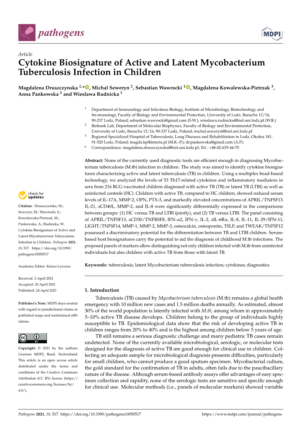 Cytokine Biosignature of Active and Latent Mycobacterium Tuberculosis Infection in Children