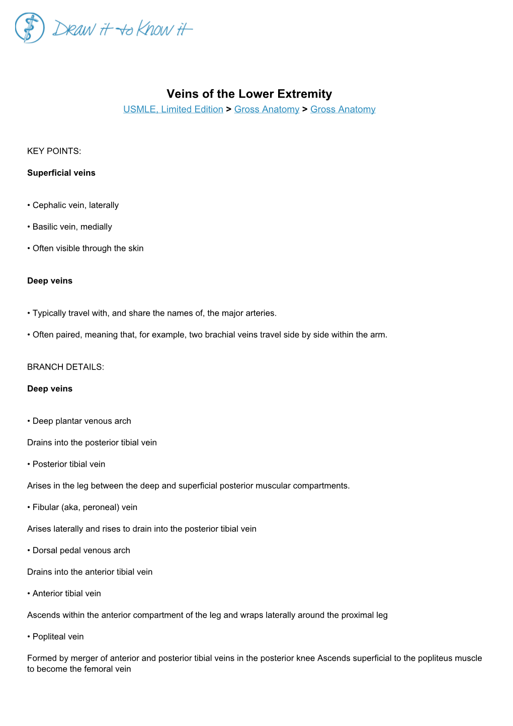 Veins of the Lower Extremity USMLE, Limited Edition > Gross Anatomy > Gross Anatomy