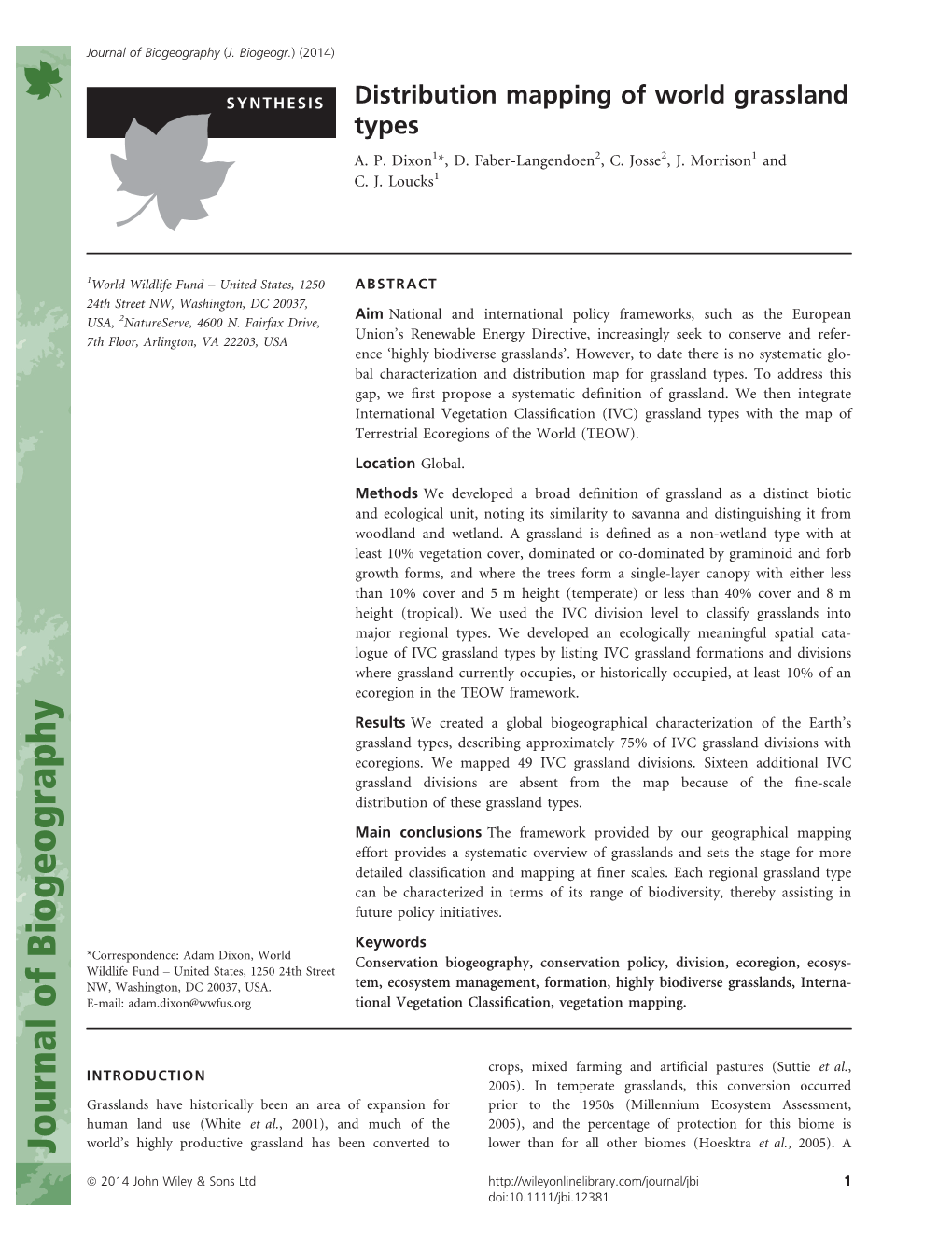 Distribution Mapping of World Grassland Types A