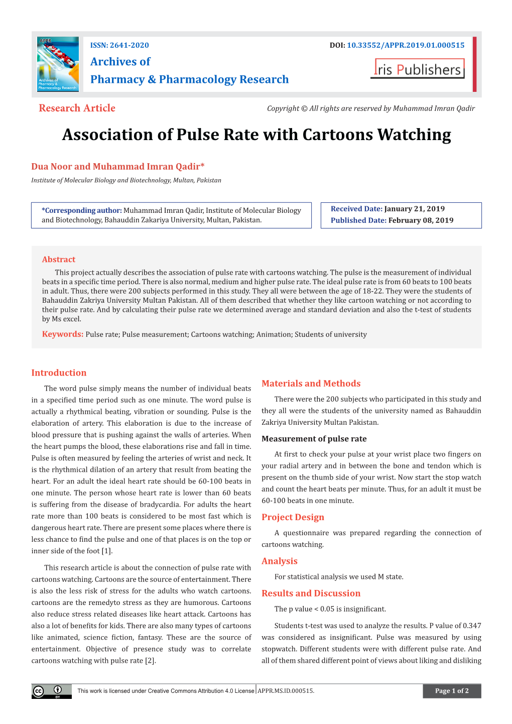 Association of Pulse Rate with Cartoons Watching