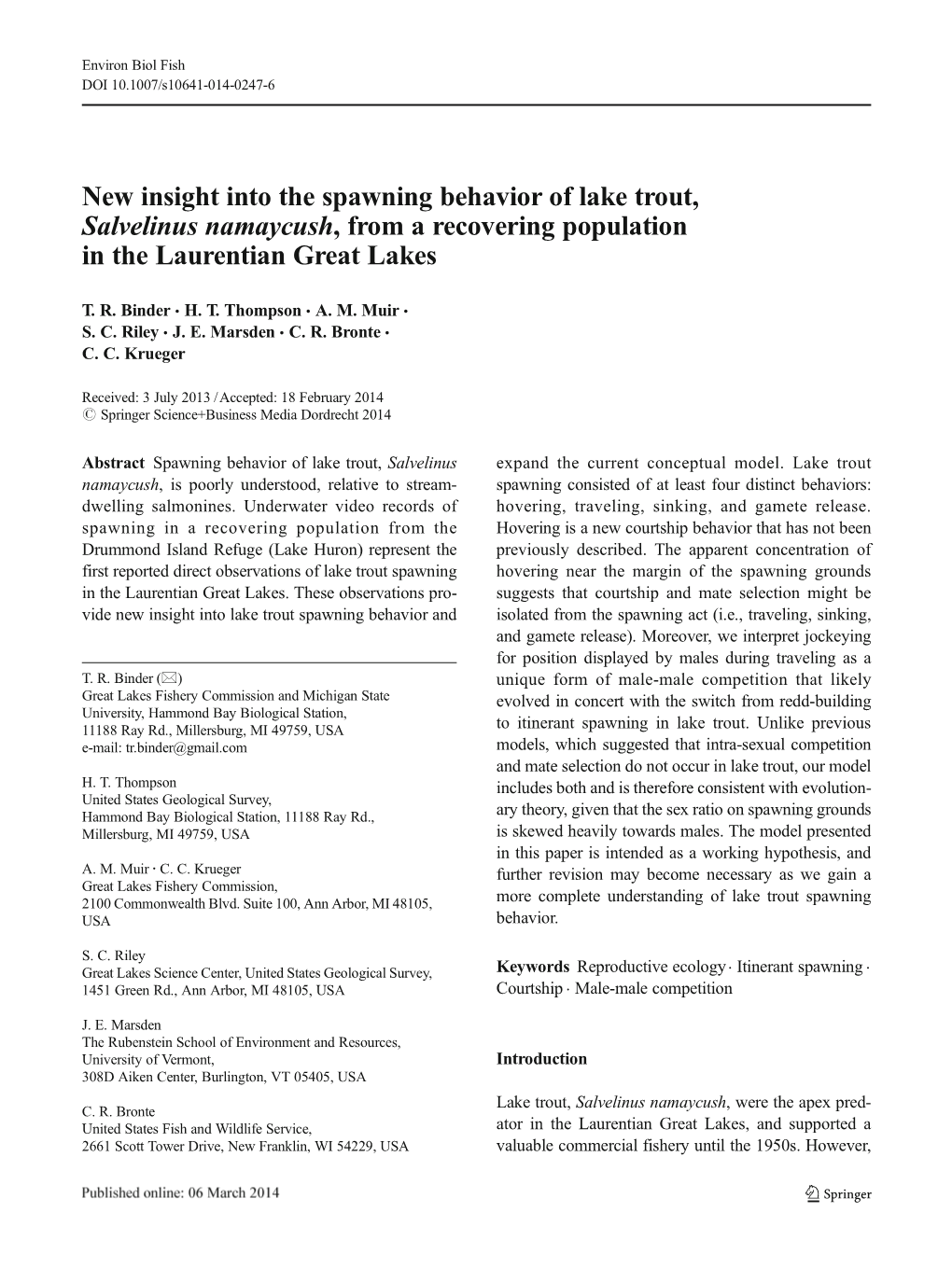 New Insight Into the Spawning Behavior of Lake Trout, Salvelinus Namaycush, from a Recovering Population in the Laurentian Great Lakes