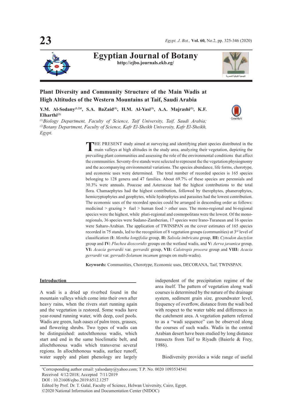 Plant Diversity and Community Structure of the Main Wadis at High Altitudes of the Western Mountains at Taif, Saudi Arabia Y.M