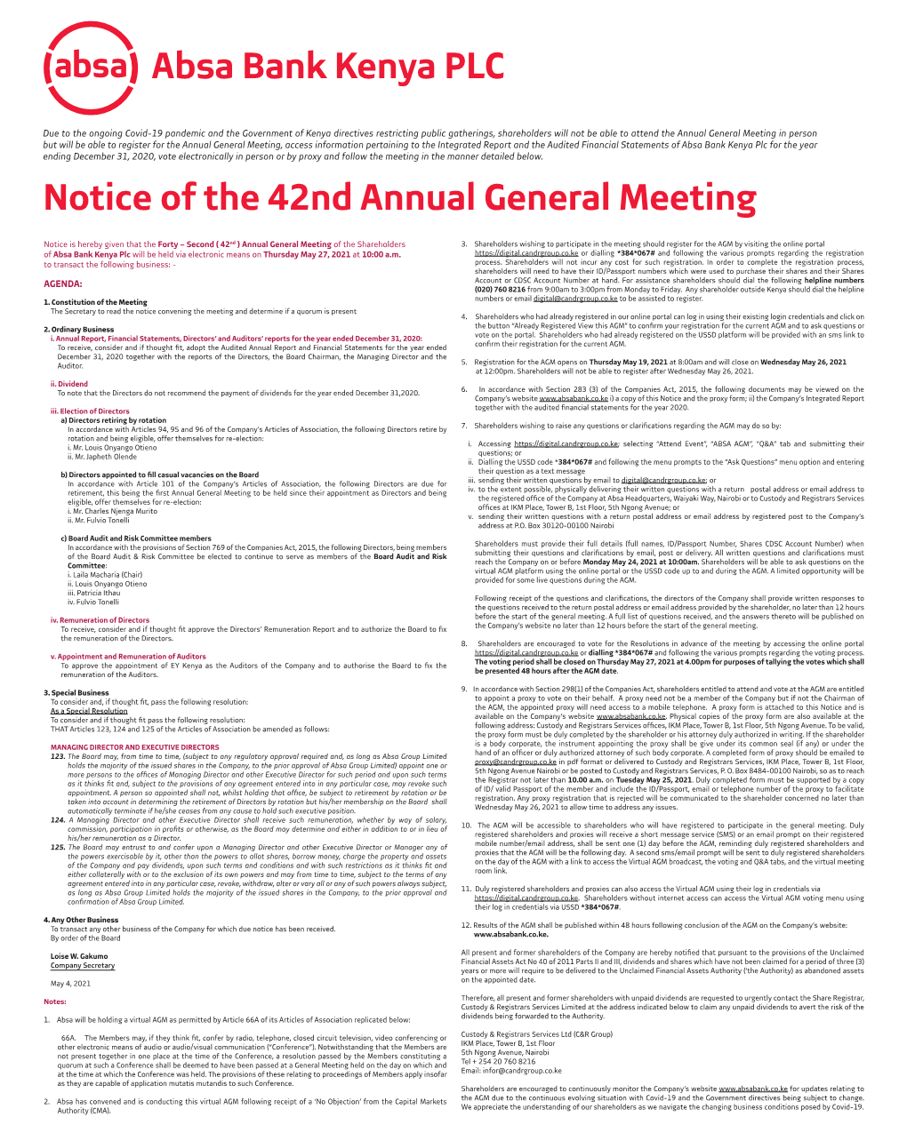 Notice of the 42Nd Annual General Meeting Absa Bank Kenya