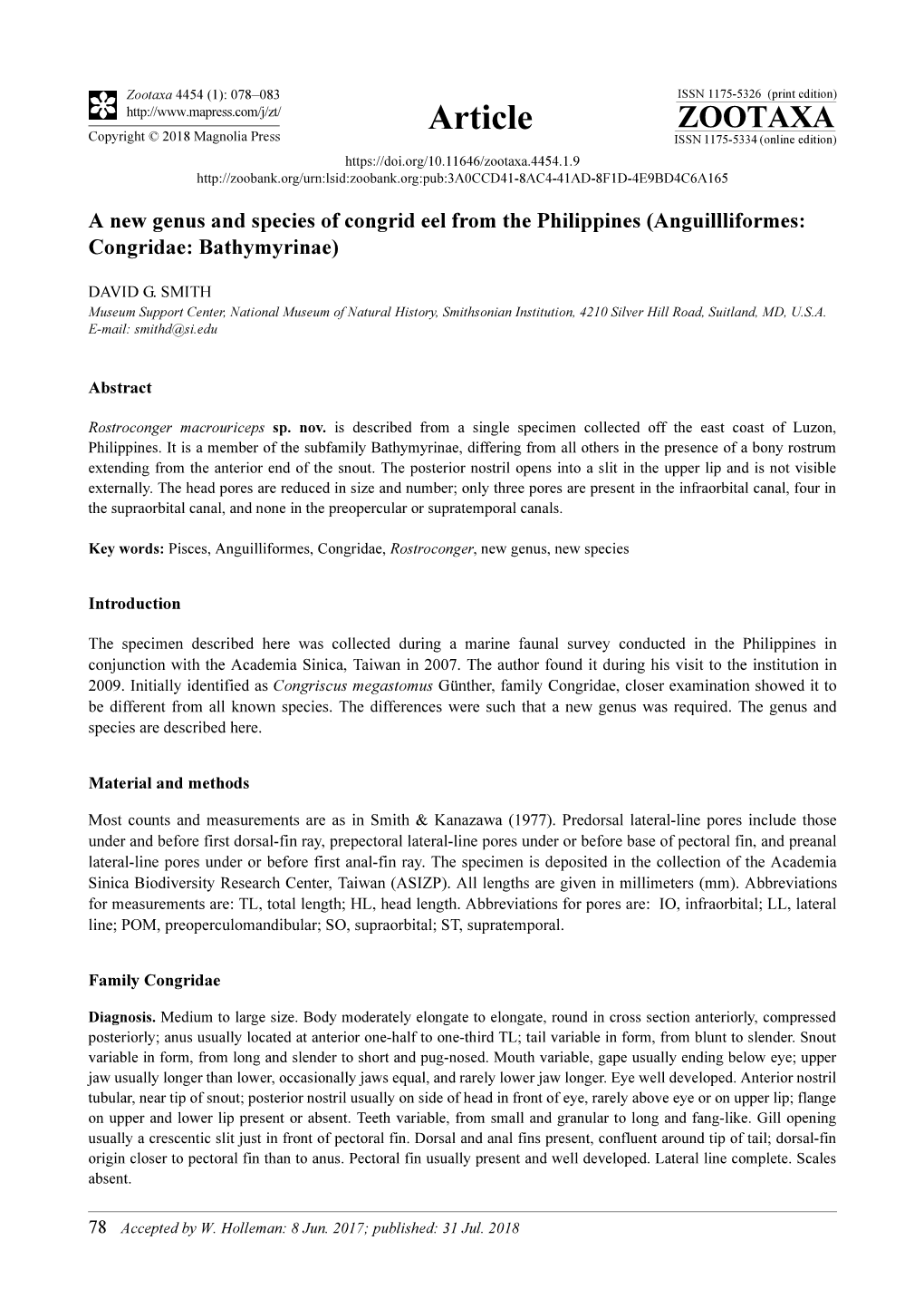 A New Genus and Species of Congrid Eel from the Philippines (Anguillliformes: Congridae: Bathymyrinae)