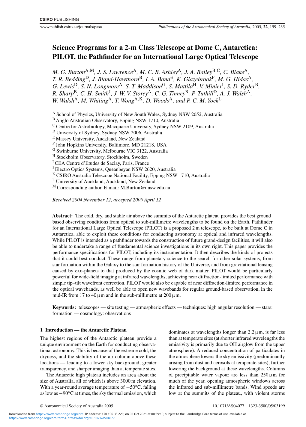 Science Programs for a 2-M Class Telescope at Dome C, Antarctica: PILOT, the Pathﬁnder for an International Large Optical Telescope