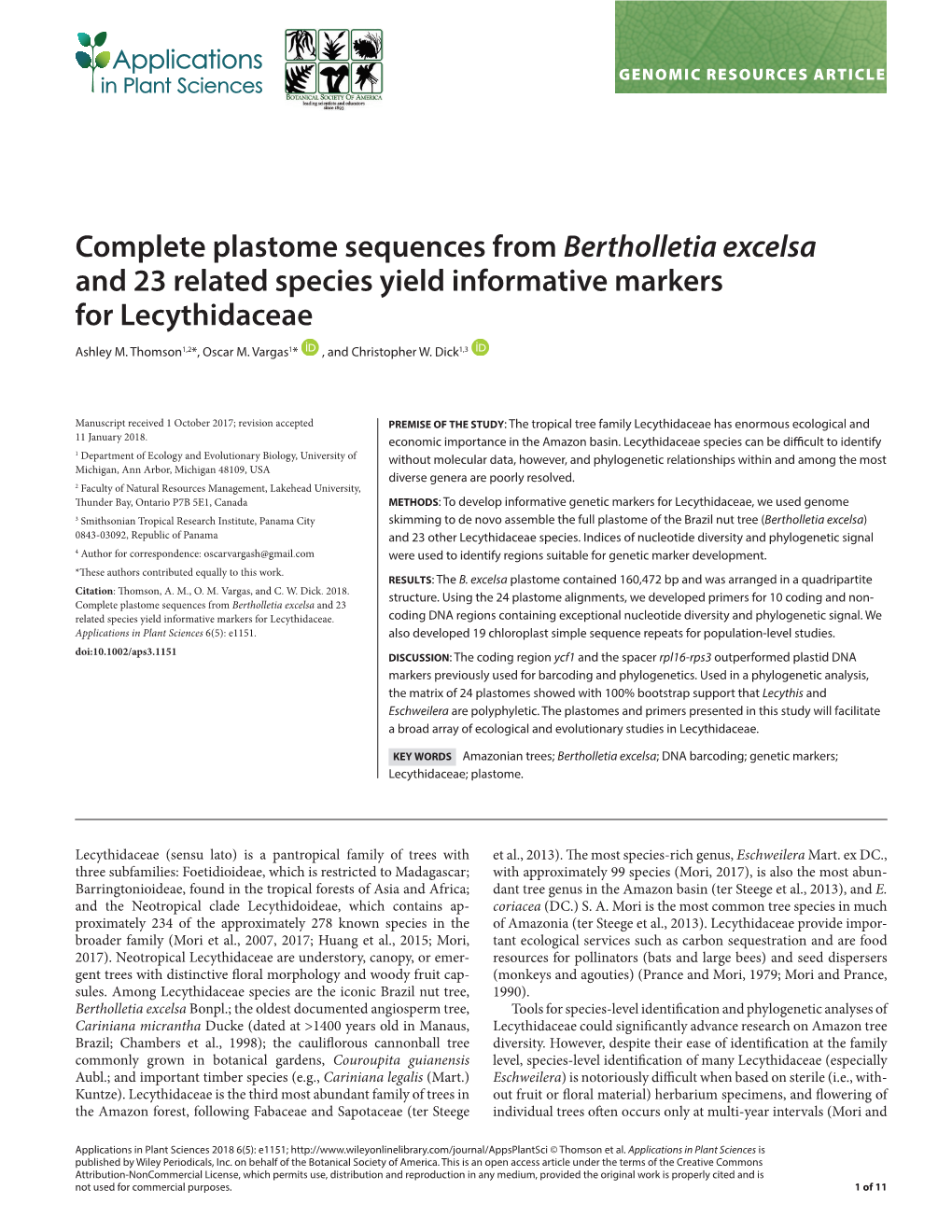 Complete Plastome Sequences from Bertholletia Excelsa and 23 Related Species Yield Informative Markers for Lecythidaceae