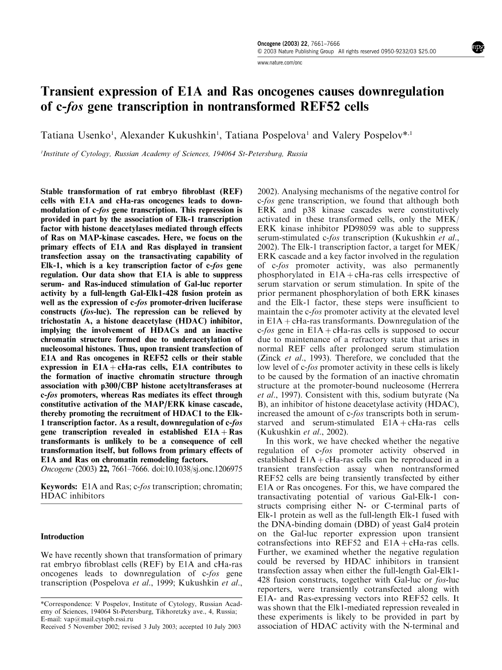 Transient Expression of E1A and Ras Oncogenes Causes Downregulation of C-Fos Gene Transcription in Nontransformed REF52 Cells