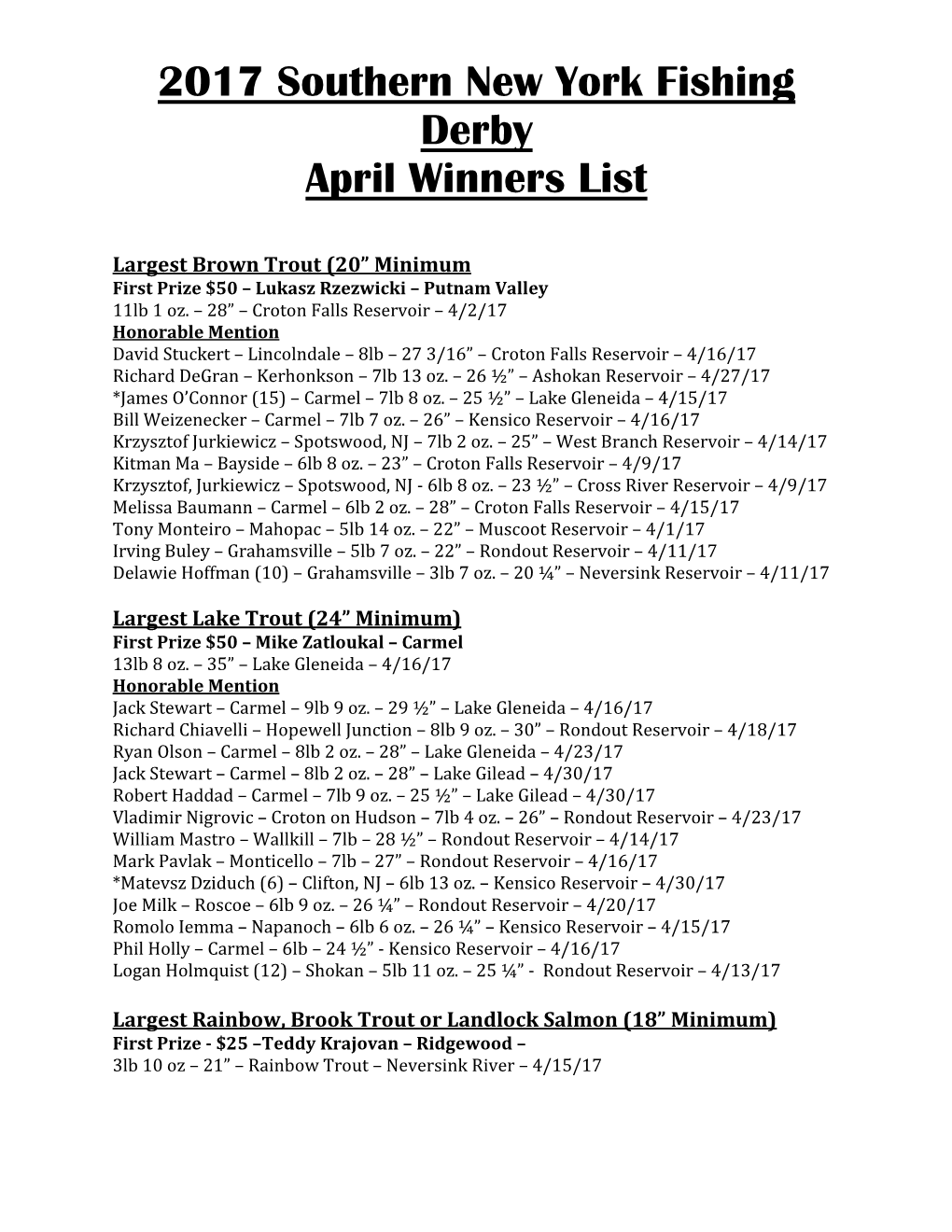 2017 Southern New York Fishing Derby April Winners List