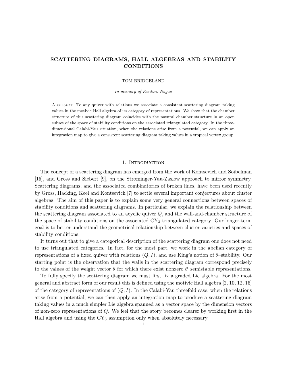 Scattering Diagrams, Hall Algebras and Stability Conditions